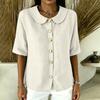 Women Button Front Short Sleeve Shirt Elegant Collar Blouse Casual Loose Fit Summer Top Lightweight Breathable Fabric