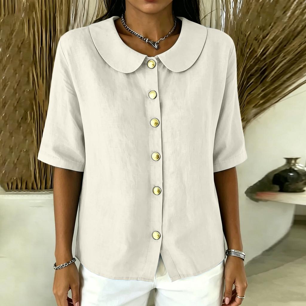 Women Button Front Short Sleeve Shirt Elegant Collar Blouse Casual Loose Fit Summer Top Lightweight Breathable Fabric