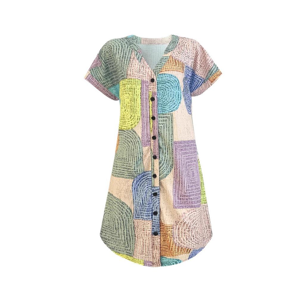 Modisches, locker geschnittenes Kleid mit geometrischem Muster, V-Ausschnitt und Knopfleiste – ein lässiges Damenkleid