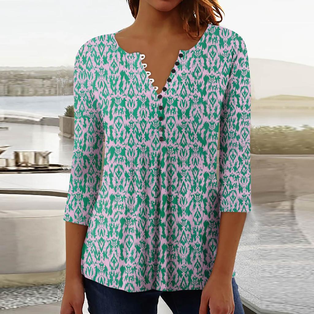 Women's Fashion Casual Pullover T-Shirt 3/4 Sleeve Printed Top