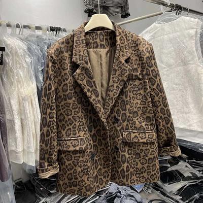 Sako Kostým pro Ženy Leopardí Zimní Ležérní Dlouhý Rukáv Knoflík Slim Fit Dlouhé Sako