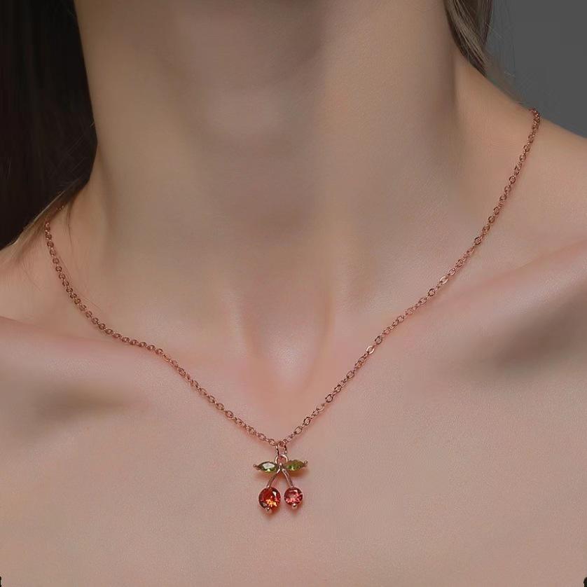 Cherry Red Cross-Border Necklace & Earrings Set: Light Luxury Niche Design, Elegant Clavicle Chain, Exquisite Accessories for Women