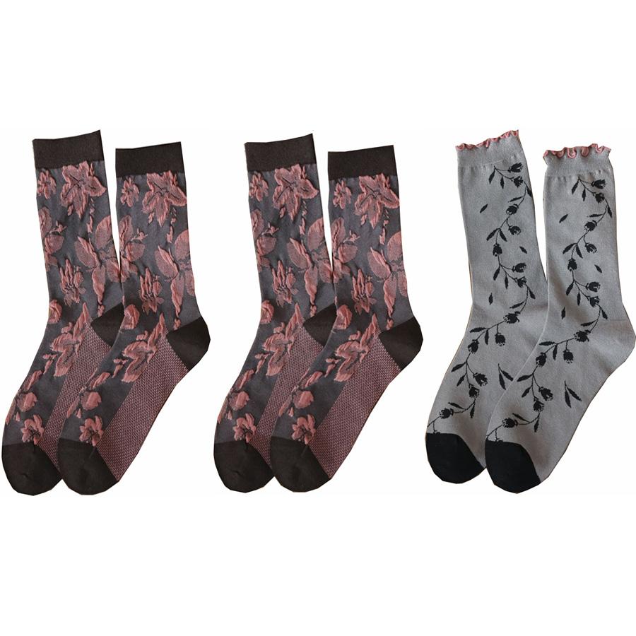 3 Pair Korean Style Women Socks Fashion Flower Printing Autumn Winter Middle Tube Lady Socks Set Soft Comfortable Socks Woman