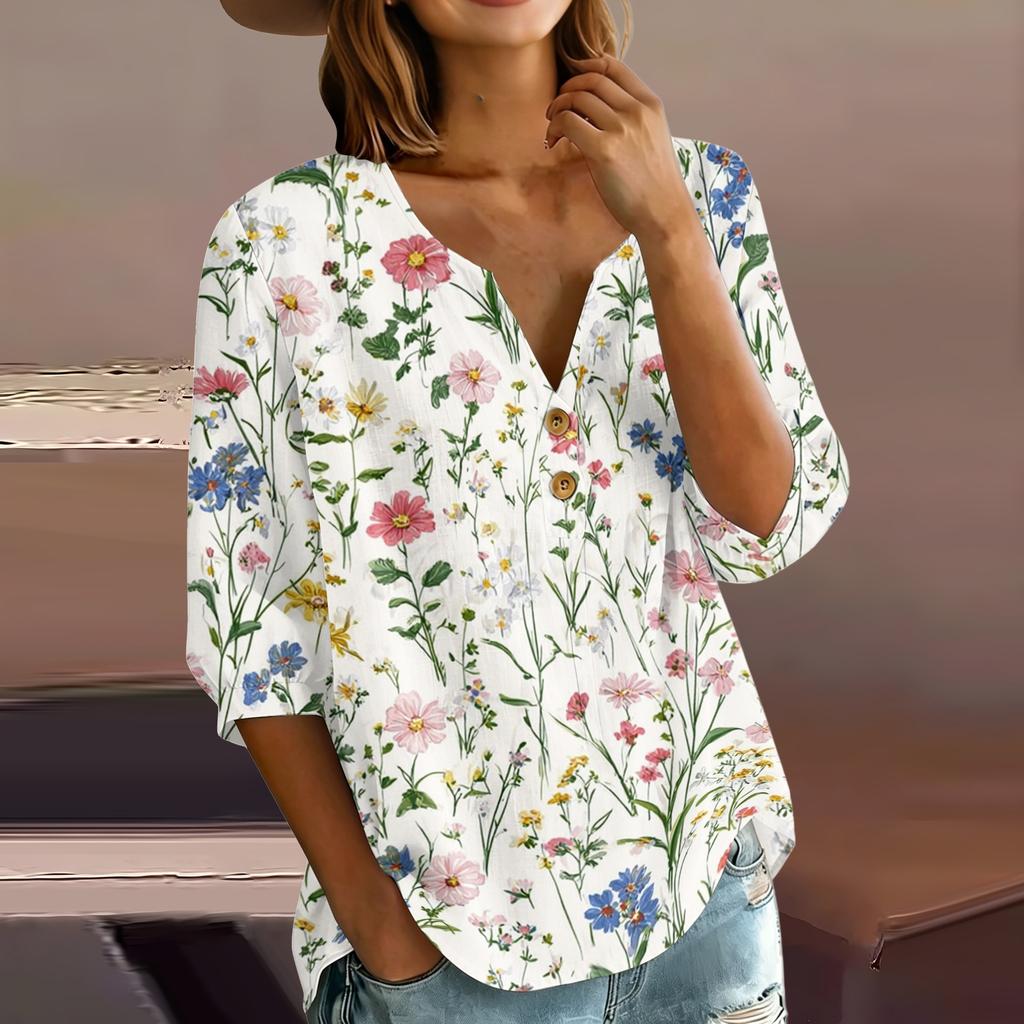 Women Henley Neck Button Front Cotton Linen Shirt with Leaf Print Three Quarter Sleeves Relaxed Fit Blouse Top