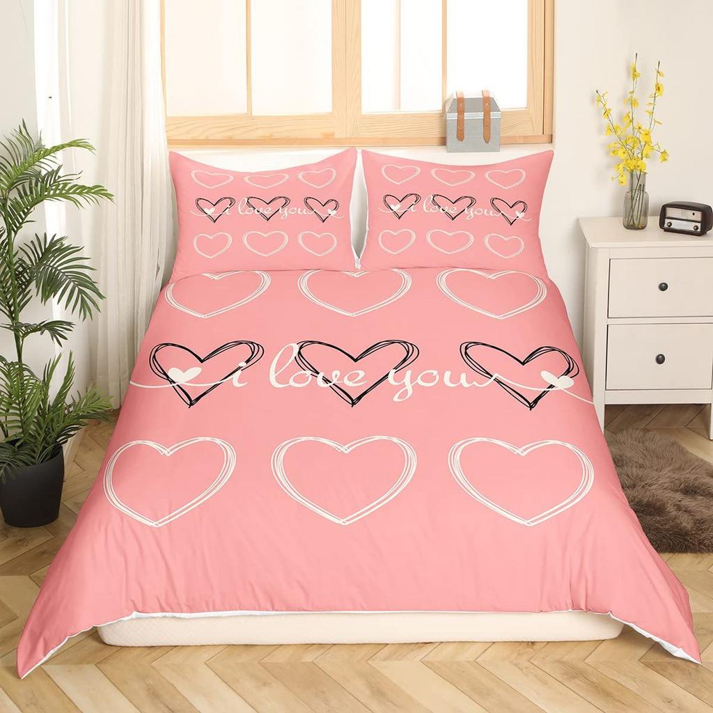 3 Pieces Bedding Set With Zipper Closure Red Heart Duvet Cover Queen Love Heart Pattern White Comforter Covers Set Cute Print