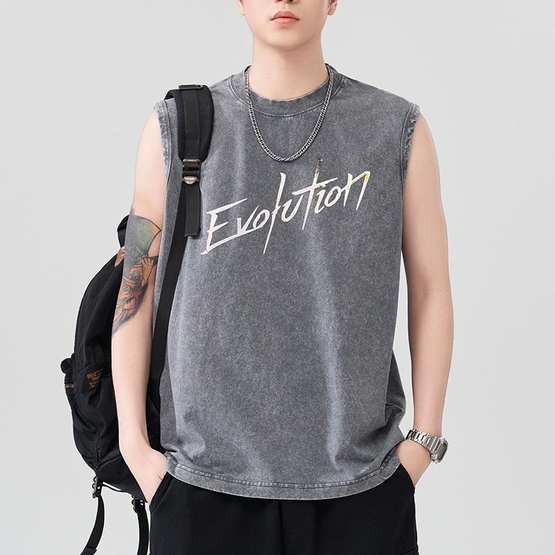 New 230g Heavy Pure Cotton Wash Vest Men's Print Solid Color Wide Shoulder Sleeveless Sports Shoulder