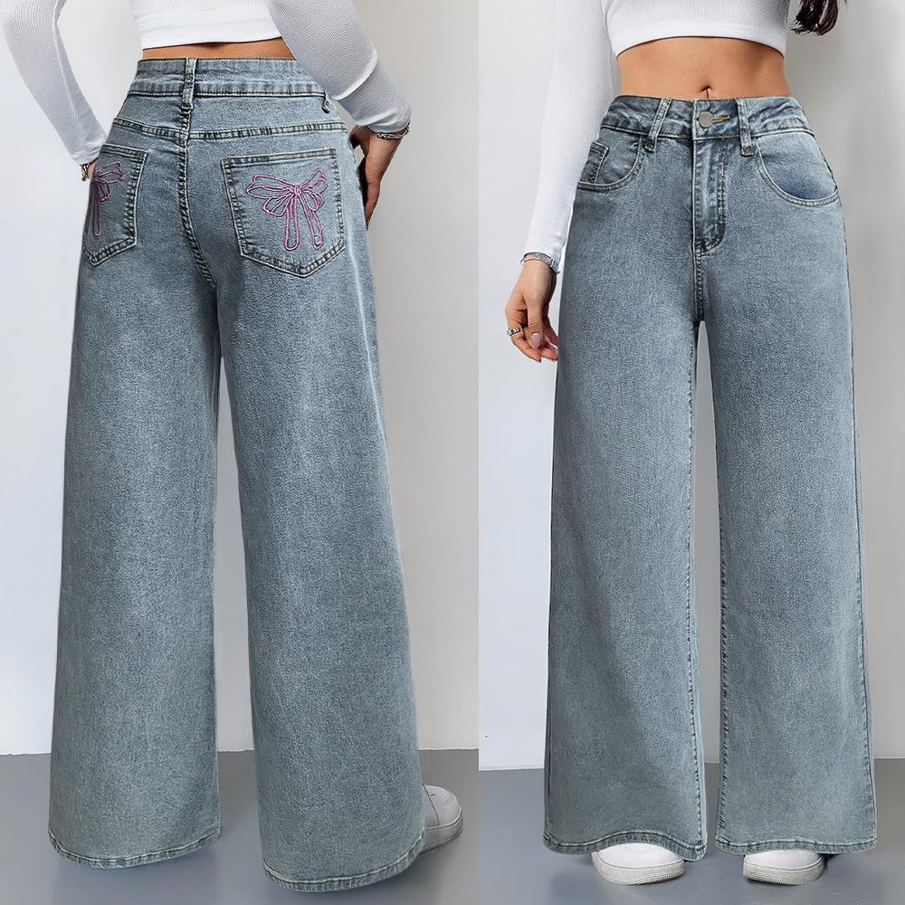 Neue lockere High-Waist Wide-Leg Jeans mit rosa Schleifenstickerei an der Gesäßtasche für Damen