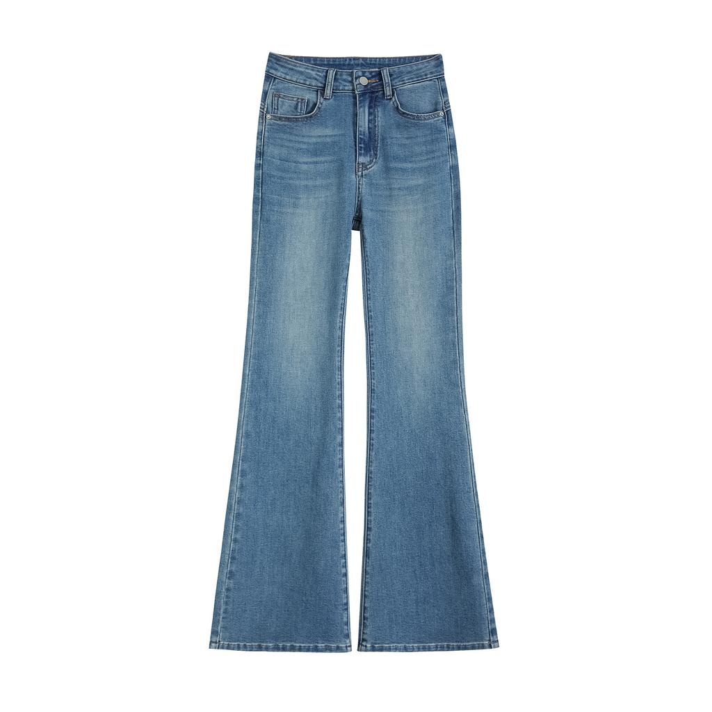 Spring new Hong Kong style design sense Spice girl horn jeans women's fashion slim and thin elastic horseshoe pants