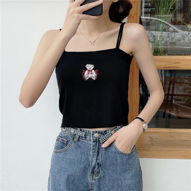 Summer New Women's Wear Korean Style Embroidery Bear All Knitted Waistcoat with A Small Waistcoat with A Bottom