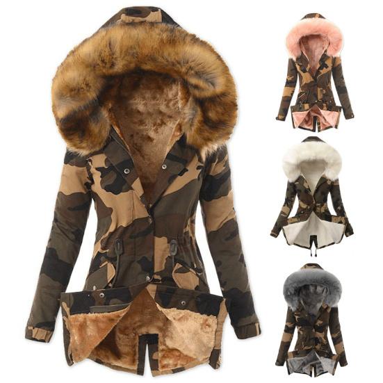 Buttons Closure Long Sleeve Women Coat Waist Drawstring Plush Hooded Fleece Lined Camouflage Print Overcoat Outerwear