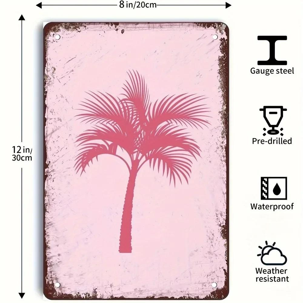 1pc 12x16" Tropical Beach Metal Wall Art | Vintage Pink Coconut Palm Tree | No Frame Tin Sign Indoor Outdoor Decor