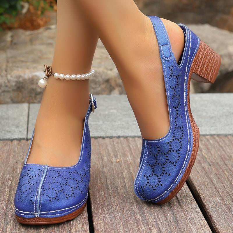 Fashion Plus Size Round Toe Shallow Mouth Cutout One Strap High Heels Summer New Baotou Waterproof Taiwanese Square Heel Sandals
