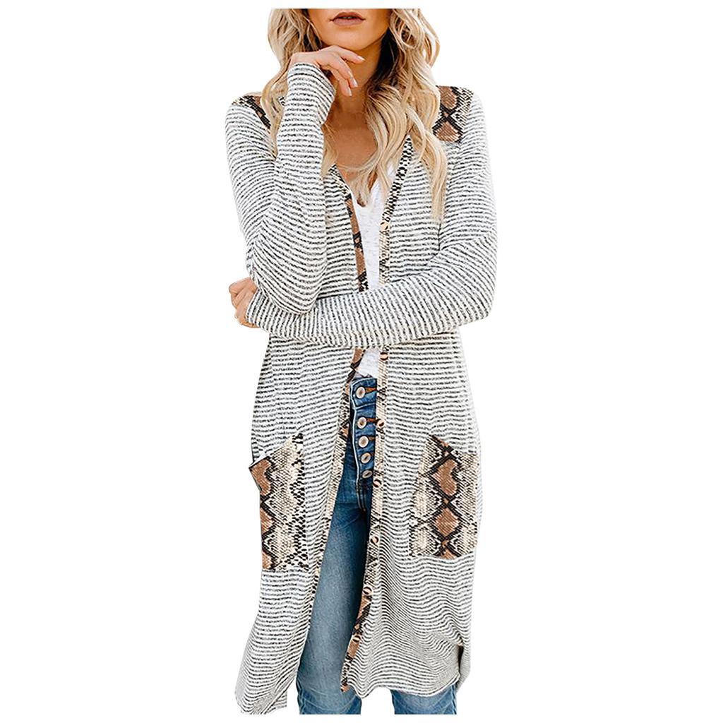 Fashion Women Stripe Print Leopard Patchwork Buttons Knitted Cardigan Coat