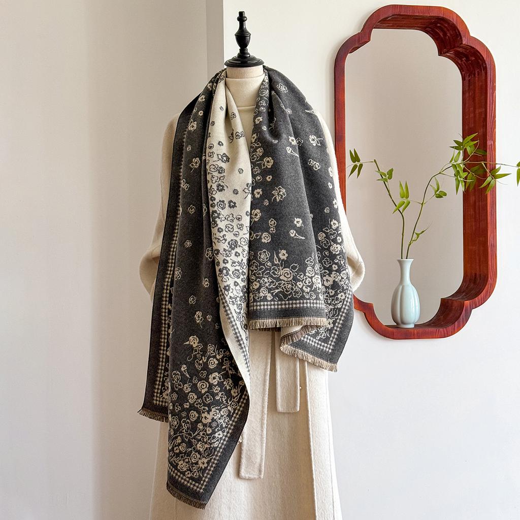 Winter Luxury Women'S Two-Sided Pashmina Wrap Flower Jacquard Imitation Cashmere Scarf Thick Warm Design For Casual Wear