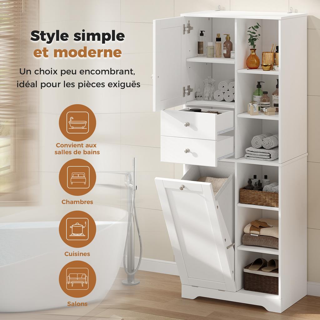 60×37×171 cm, Tall Bathroom Cabinet, MDF, 2 Drawers, Laundry Basket with Flap, Adjustable Shelves, Soft-Close Hinges, Tip-Over Protection, White.