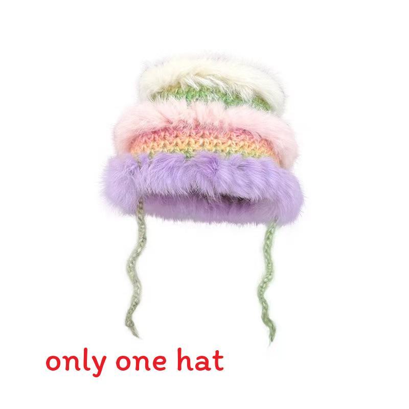 Cartoon Style Wool Beanie With Plush Fur Material And Adjustable Fit For Casual Wear