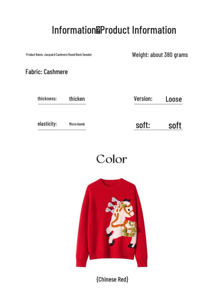 Lekasha Women's Red Cashmere Pullover with 3D Horse Decoration