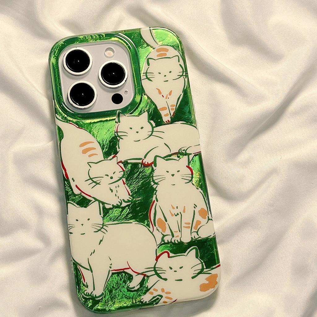 Green Tabby Cat Doodle Shiny Phone Case for iPhone 17 16 15 14 13 12 11 16E Series Pro Max Plus Double Layer Protection