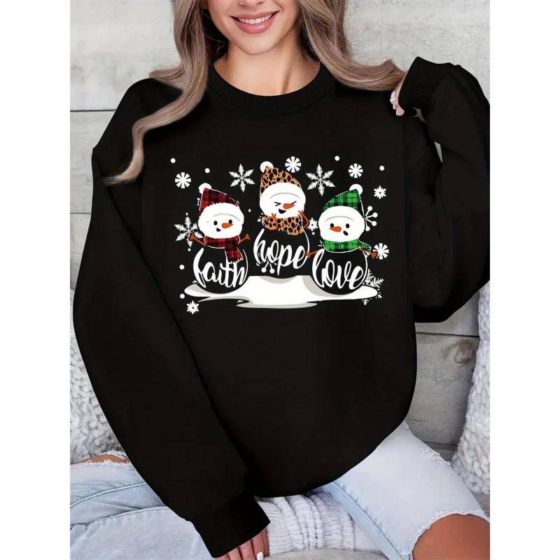 Christmas Snow Print Crew Neck Sweatshirt Women Loose Fit Casual Long Sleeve Top