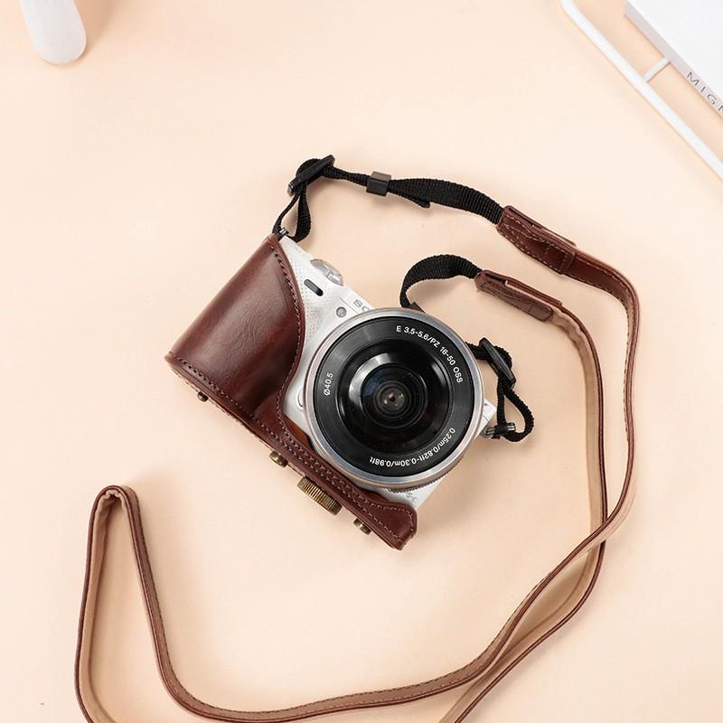 Sony NEX-5T NEX-5R İçin İnce Tek Omuzlu Kamera Çantası 16-50mm Lensli PU Deri Koruyucu Kılıf Unisex Seyahat Günlük Kullanım