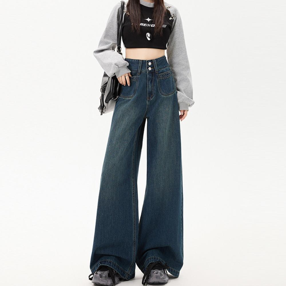 Design Sense Street Fashion Mopping Jeans Women's Spring and Autumn New Loose and Skinny Wide Leg Pants Tide