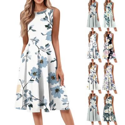 Women's Casual Fashion Floral Print Round Neck Sleeveless Midi Dress