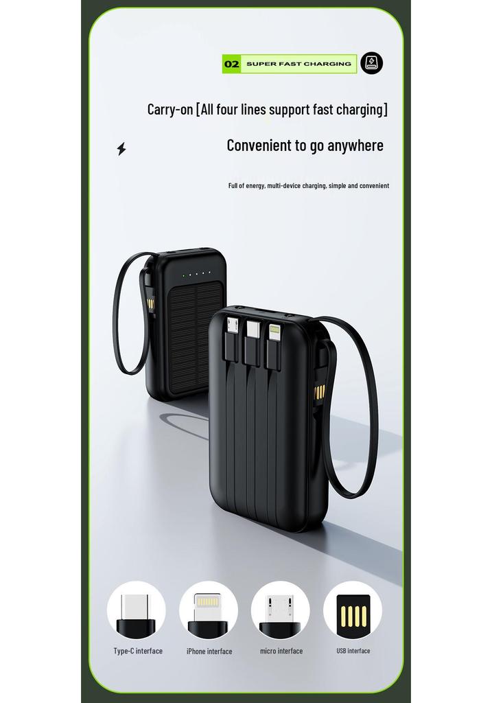 KC Solar Power Bank, 20000mAh, Compact, with 4 Built-in Cables - Ideal Gift for Mobile Charging