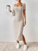 Summer Square Neck, Hip-Hugging Mid-Length Skirt, Short-Sleeved, Versatile Knitted Slit Dress