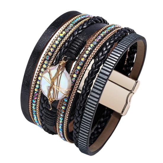 

Women Braided Bracelet Adjustable Design Imitation Pearl Rhinestones Decor Secure Closure Wristband Wrist Accessory чорний