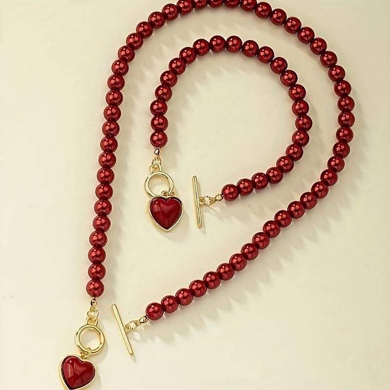 2pcs Elegant Red Heart Imitation Pearl Jewelry Set,Necklace and Bracelet for Women,Perfect for Daily Wear & Valentine'S Day Gift