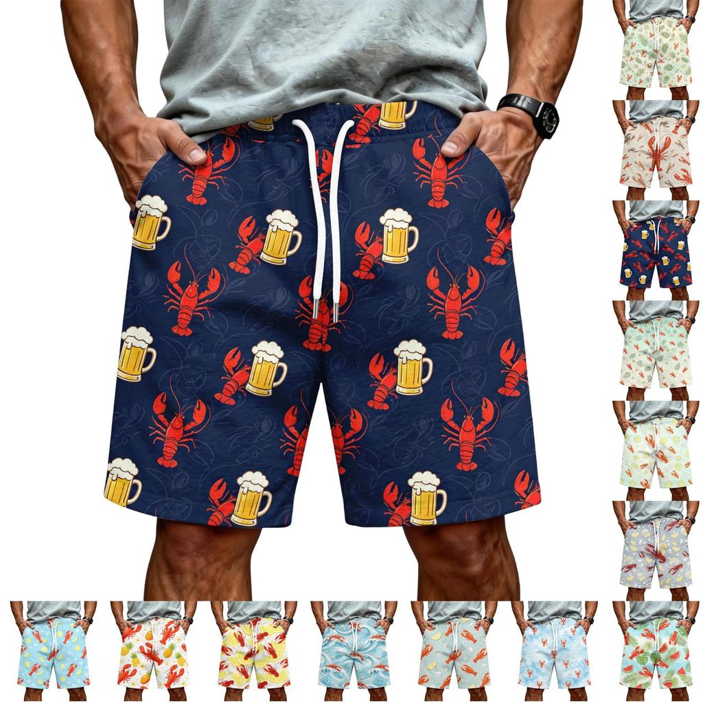 Men's Hawaiian Print Mesh Shorts with Drawstring Elastic Waist for Summer Beach and Casual Wear