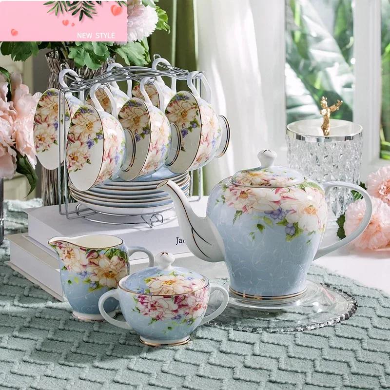 Pink Blue Flower Bone china Coffee Cup Set Porcelain Tea Cup Set Ceramic Pot Mug Sugar Bowl Creamer Teapot Milk Jug Teaset