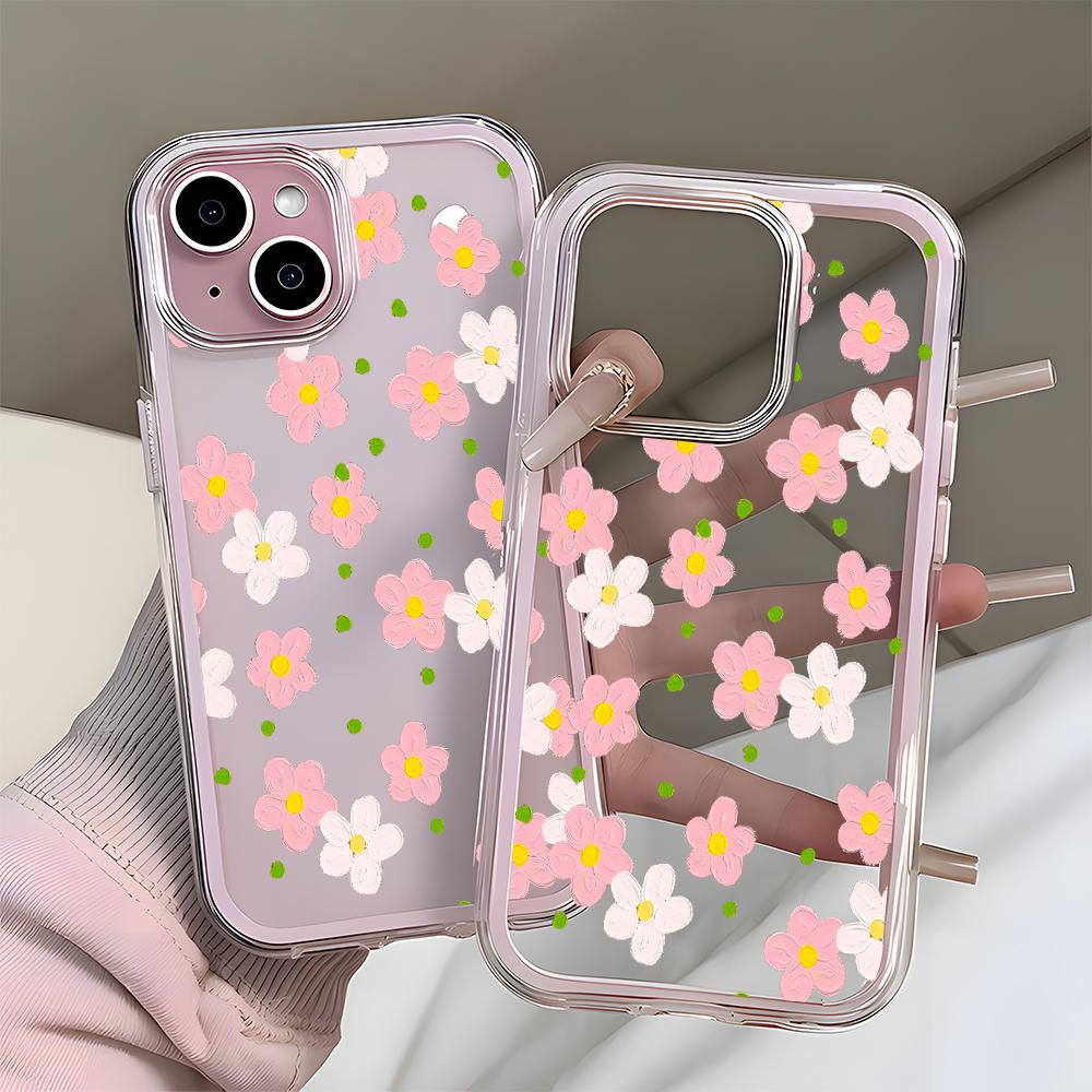 Oil Painting Pink Daisy Pattern Clear Phone Case For iPhone 17 Air 16 15 14 13 12 11 Pro Max Plus 2 in 1 Candy Color Soft Cover