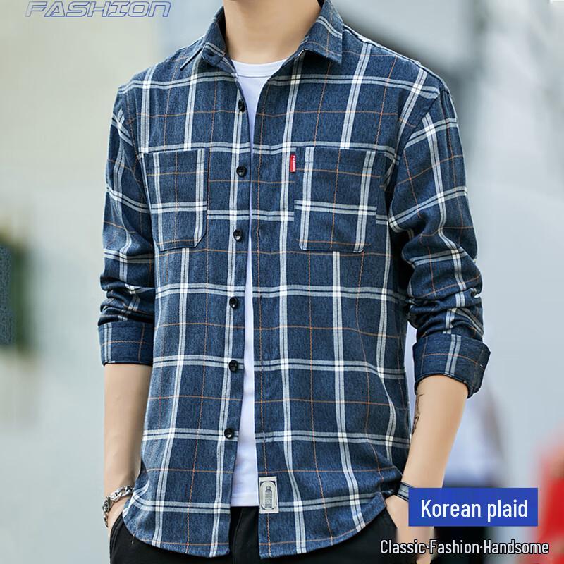 ROMON Men's Plaid Long Sleeve Button-Down Shirt