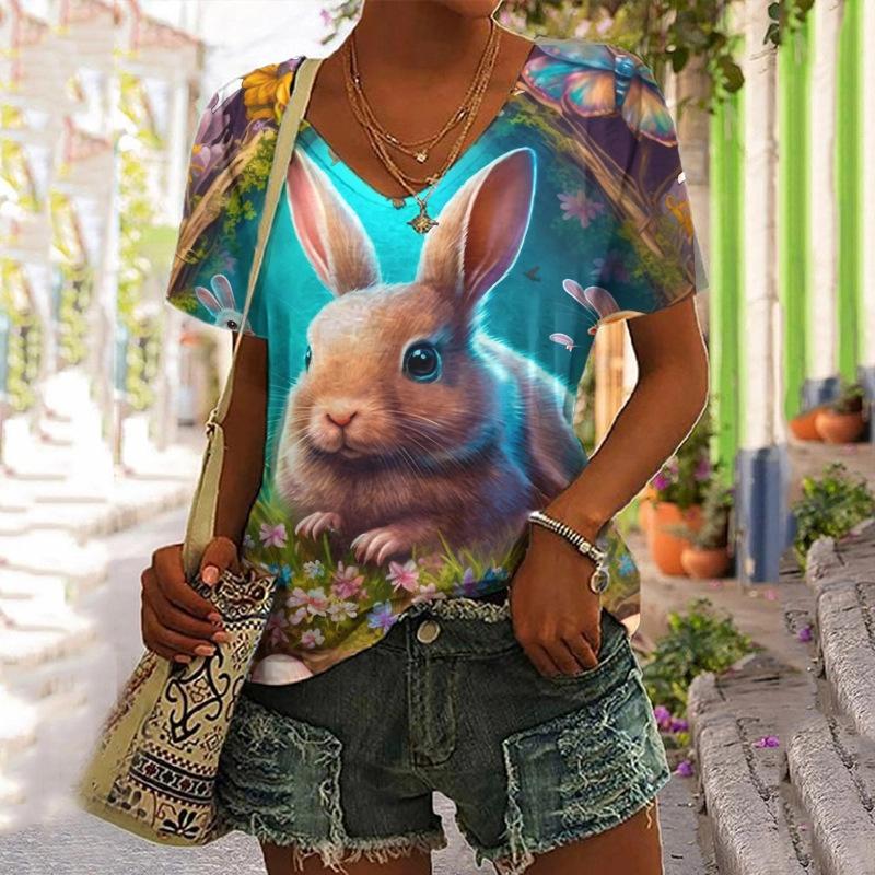 Women's Versatile Short Sleeve Fashion V-Neck Animal Print T-Shirt Casual T-Shirts Women’s