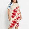 Women Plus Size Round Neck Short Sleeve Navy Blue Printed Asymmetric Top Fitted Skirt Two Piece Set