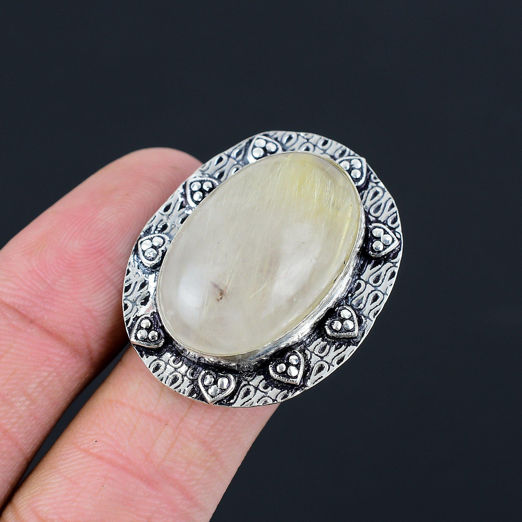Oval Golden Rutile Stone 925 Sterling Silver Birthday Statement New Ring US 7.5 7.5