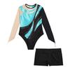 Kids Girls Gymnastics Figure Skating Outfit Patchwork Leotard Mesh Long Sleeve Keyhole Back Bodysuit with Shorts