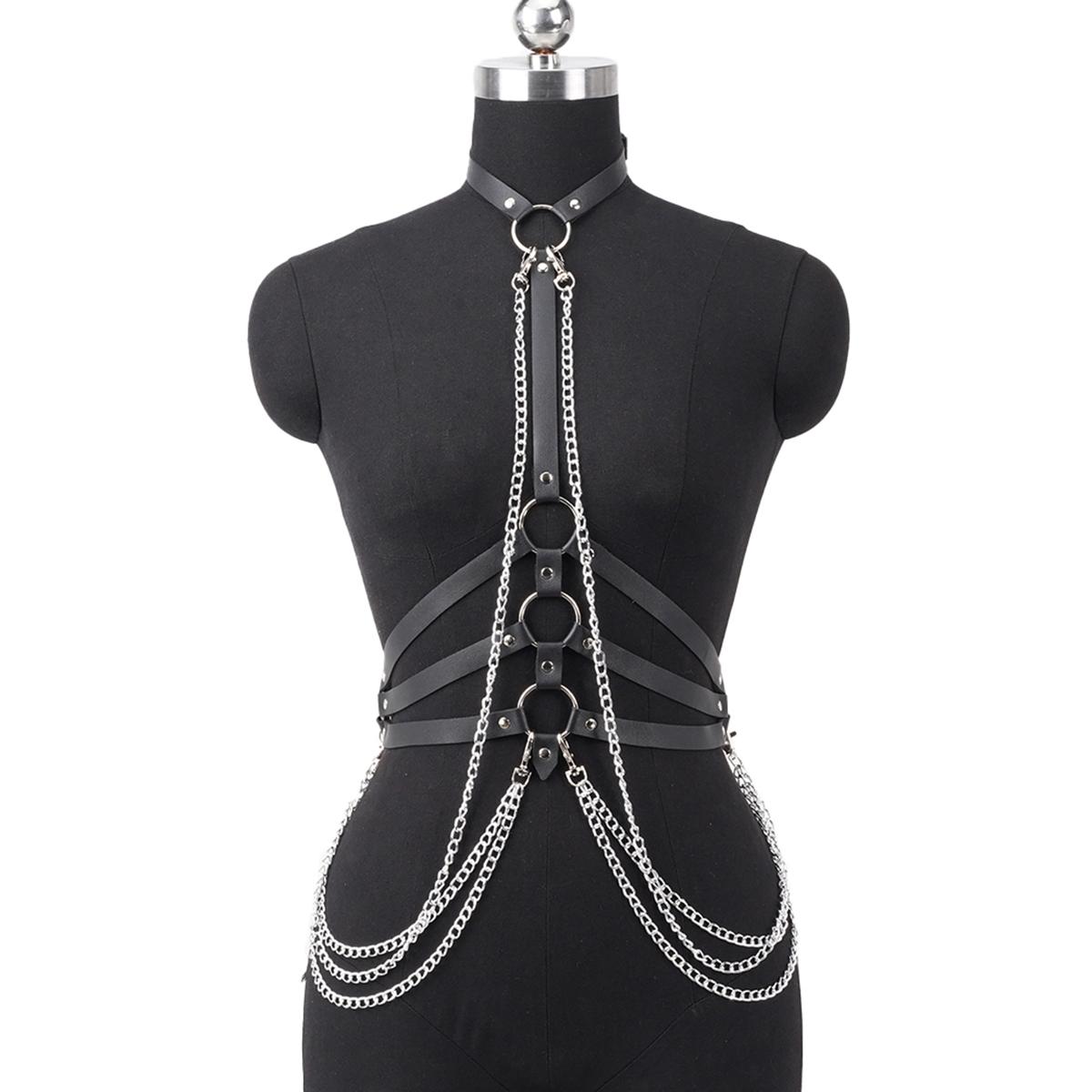

Punk Pu Leather Body Chest Chain Belt, Y2K Body Chain Goth Belt, Fashion Rave Outfit Belt.