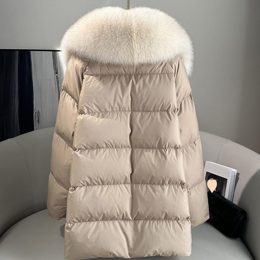 Faux Fox Fur Detachable Large Lapel Fur Down Jacket Women Winter Medium Long Loose White Goose Down Coats