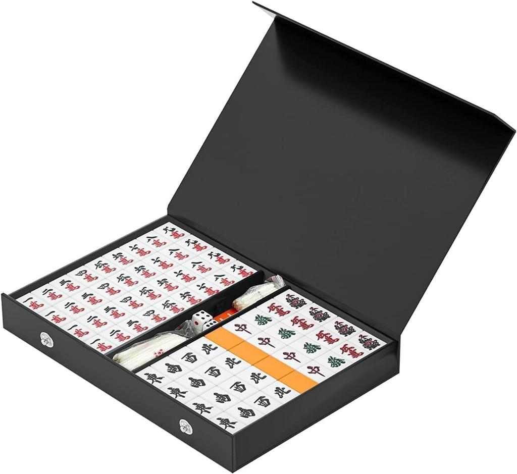 Mahjong tiles set with scoring includes storage portable card for home and travel sticks, 322317mm, case, game, dice, use.
