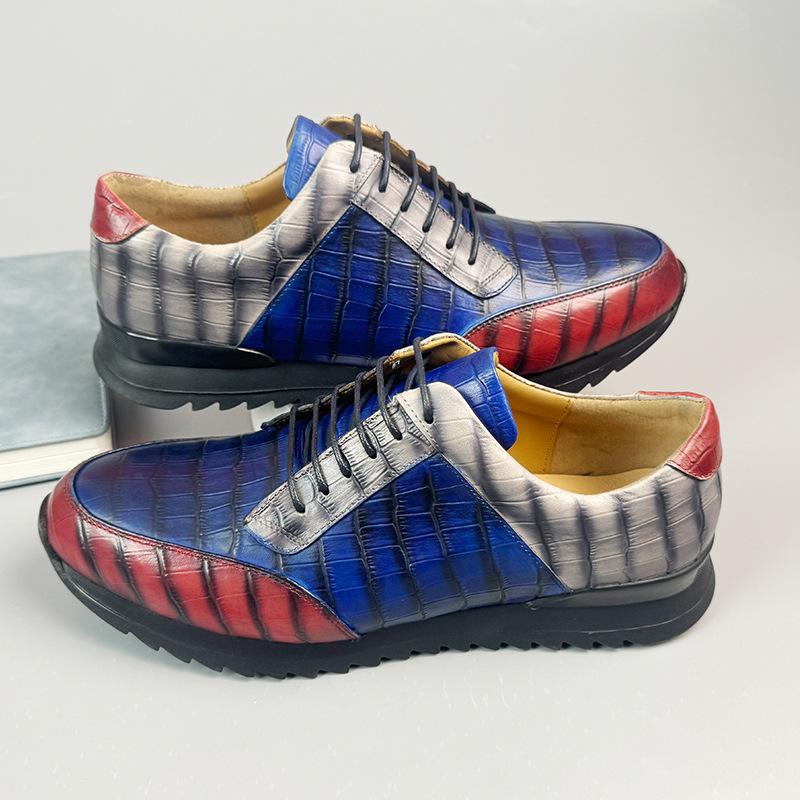 Pánské boty pro volný čas z pravé kůže, britská lakovaná šněrovací kožená obuv s krokodýlovým vzorem Světlé kožené personalizované fazolové boty Trend