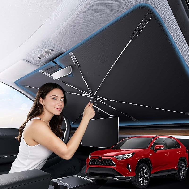 Zanch 2025 Upgraded Car Windshield Sun Shade [Cool Down By 75℉ ] With Heat Ulation Coating, Foldable Sunshade Umbrella With Flexible Handle & Ribs,