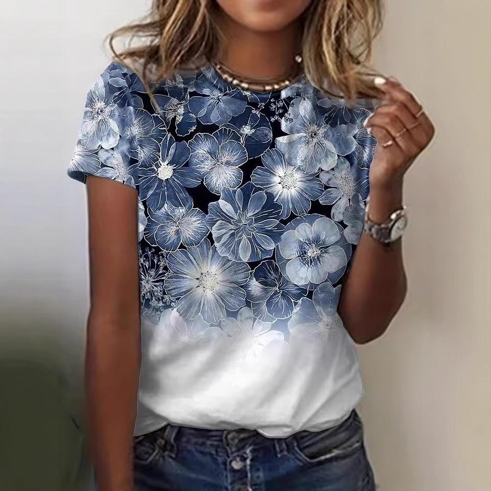 Women's Summer Round Neck 3D Short Sleeved Retro Floral Women's T-shirt
