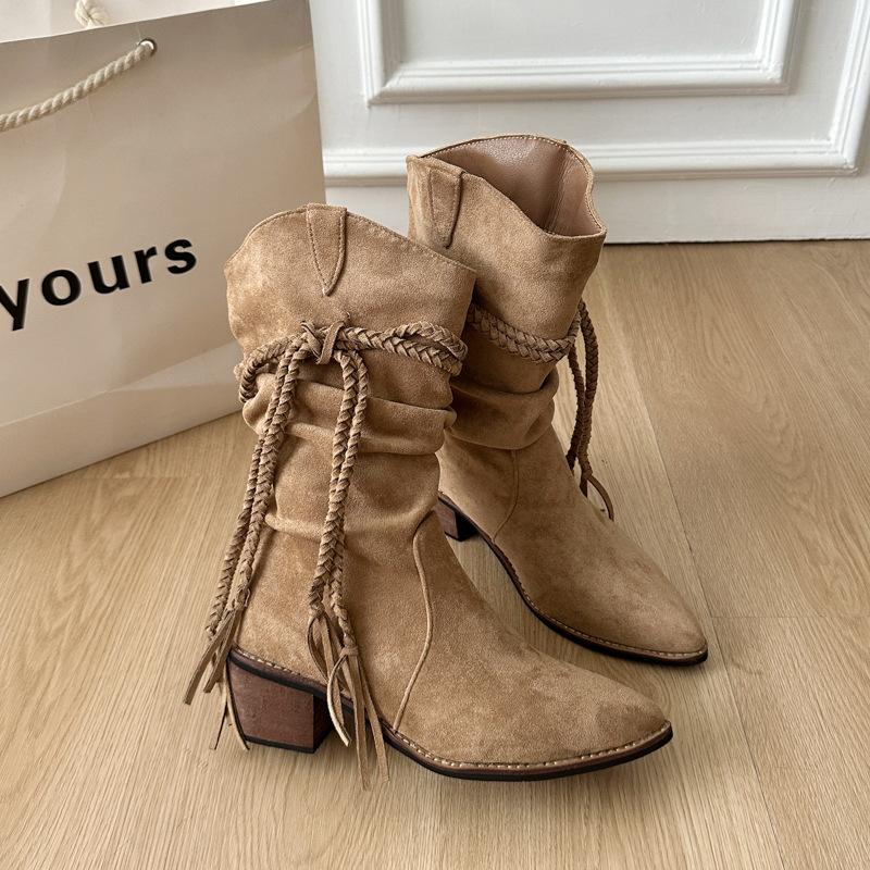 Retro Woven Fringed Martin Boots Women's 2025 Autumn Models Thick Heel Thin Medium Tube Egyptian Boots Wasteland Boots Women