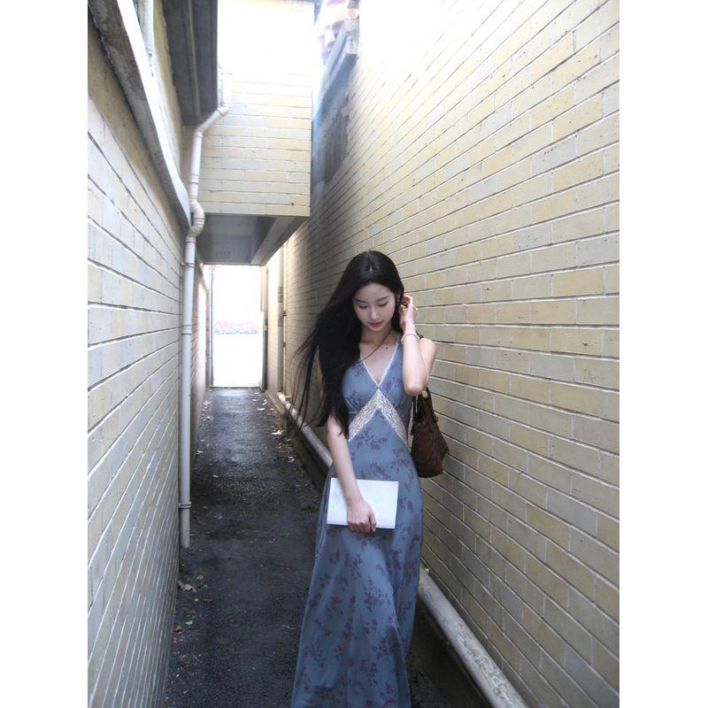 

Kumikumi French style Retro Floral Print Vest One piece Dress Women clothing Summer Temperament Patchwork Lace A- line Skirt Long dress Lilac Roland L