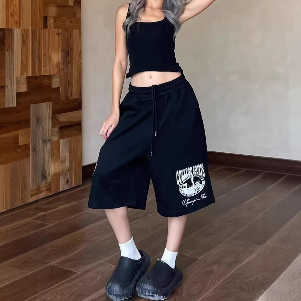 American Retro Lazy Style Letter Printing Wide-leg Cropped Pants Women s Loose Casual Versatile Sweatpants Versatile Solid Black Wide Leg Knee Pants S чёрный