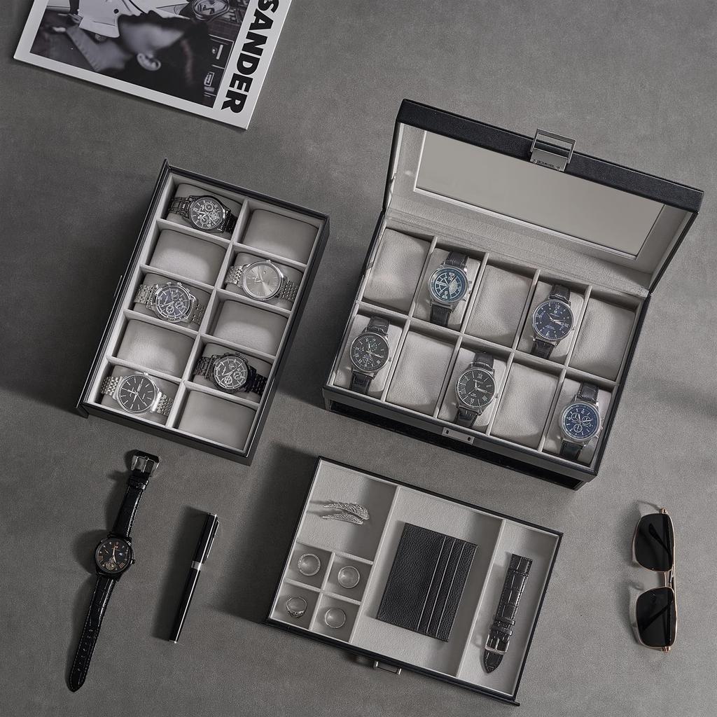 ProCase Watch Holds 20 Large Watch Box with Jewelry Glass Display Storage Case 3-Tier Case, Watches, Capacity, Men's Drawers, Organizer, Top,