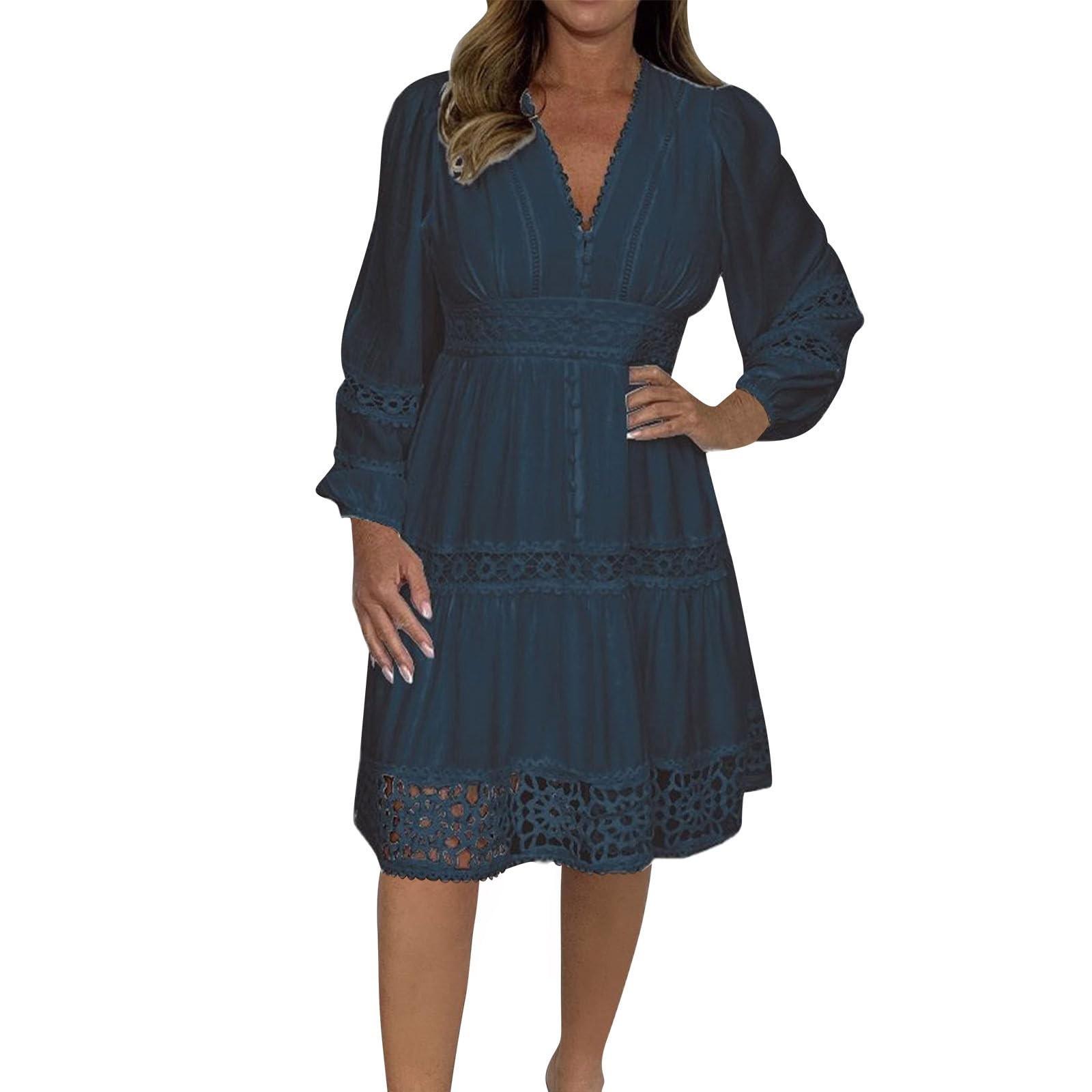 

Lace Patchwork Vacation Dresses For Women Loose V Neck A-Line Casual Long Sleeve Party Dress XL Темно-синій