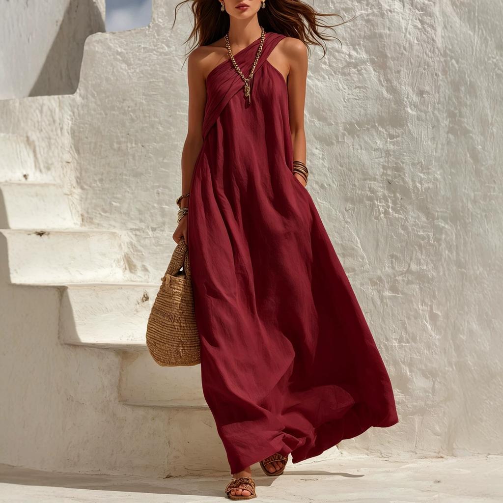 2026 Amazon Independent Station Popular Women's Clothing Casual Personality Slanted Shoulder Pleated Design Loose Solid Color Dress